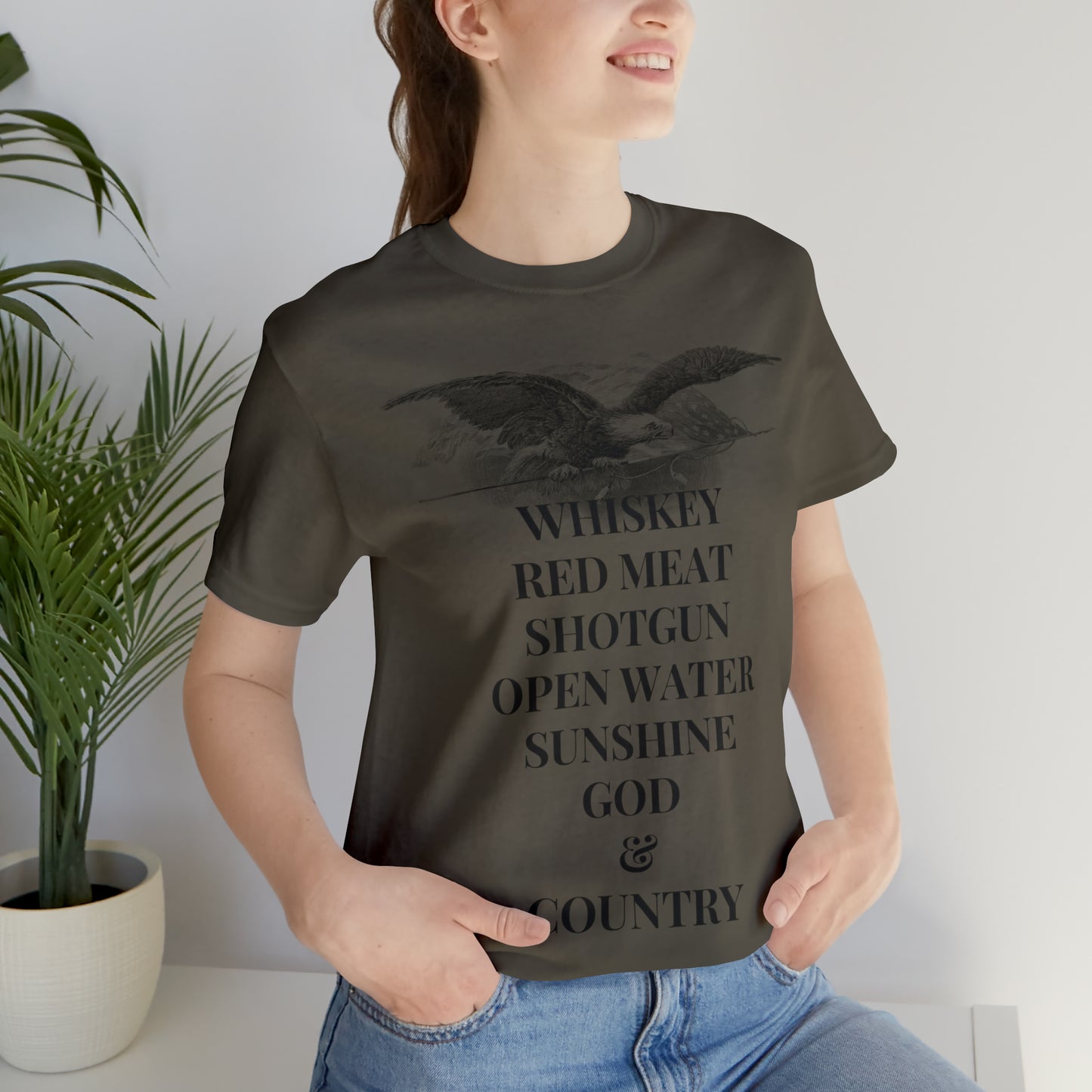 Whiskey, Red Meat, Shotgun, Open Water, Sunshine, God & Country Unisex Jersey Short Sleeve Tee