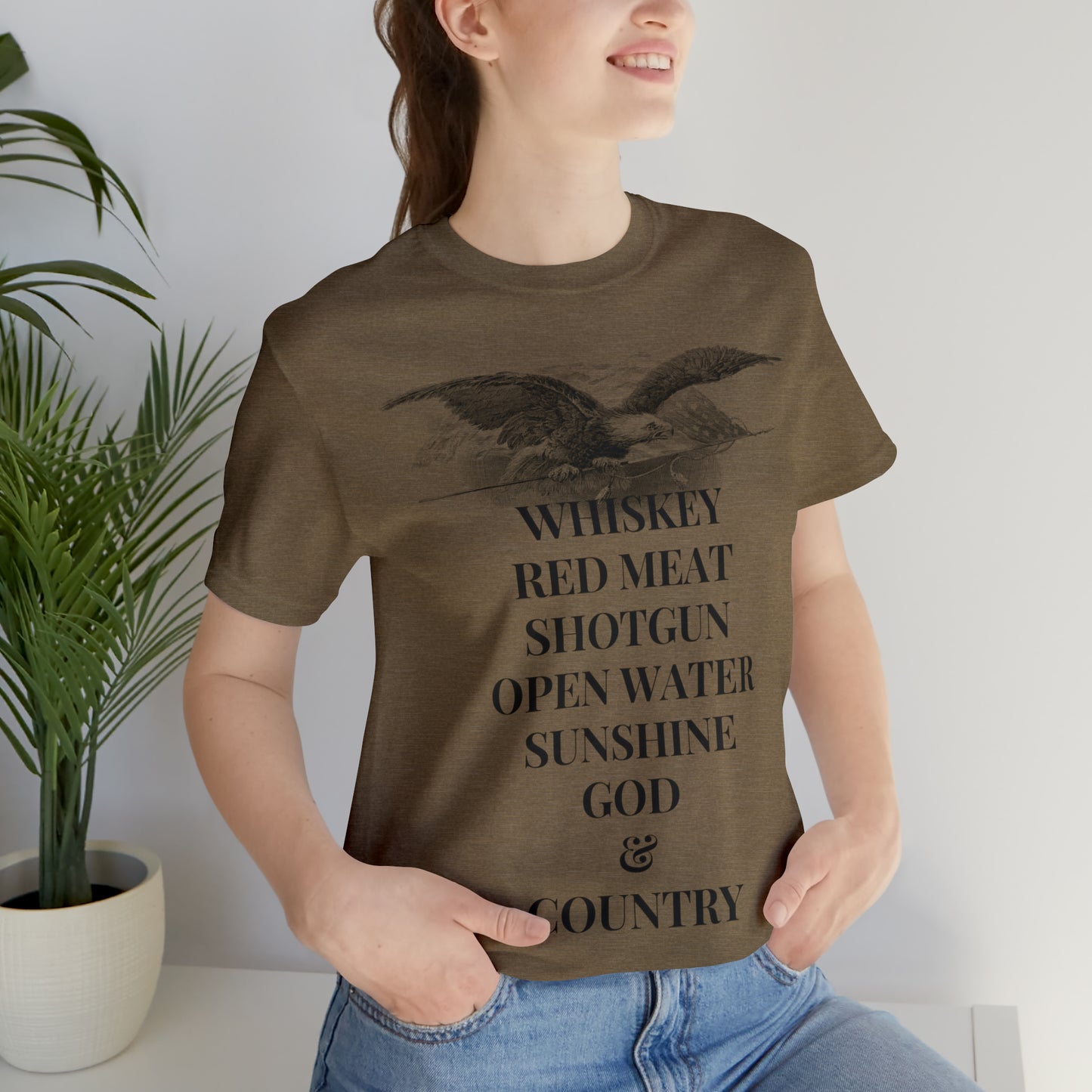 Whiskey, Red Meat, Shotgun, Open Water, Sunshine, God & Country Unisex Jersey Short Sleeve Tee