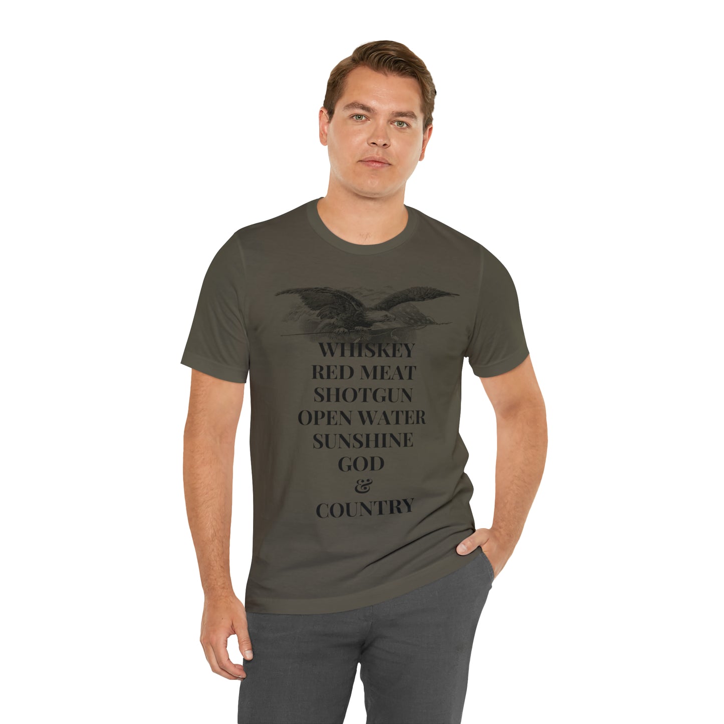 Whiskey, Red Meat, Shotgun, Open Water, Sunshine, God & Country Unisex Jersey Short Sleeve Tee