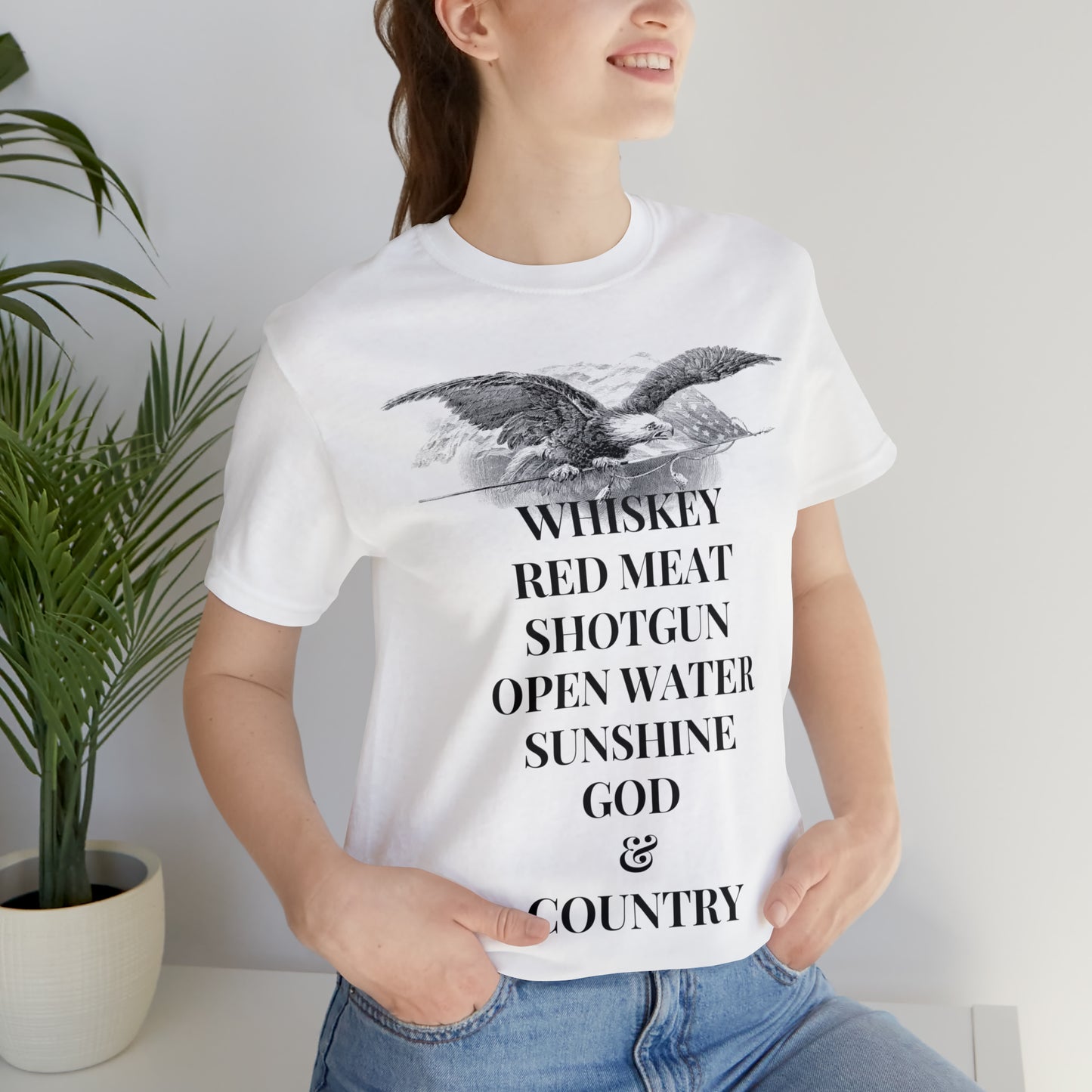 Whiskey, Red Meat, Shotgun, Open Water, Sunshine, God & Country Unisex Jersey Short Sleeve Tee