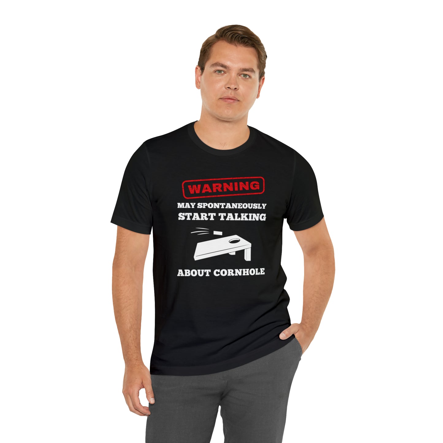 Warning! May Spontaneously Start Talking About Cornhole Unisex Jersey Short Sleeve Tee