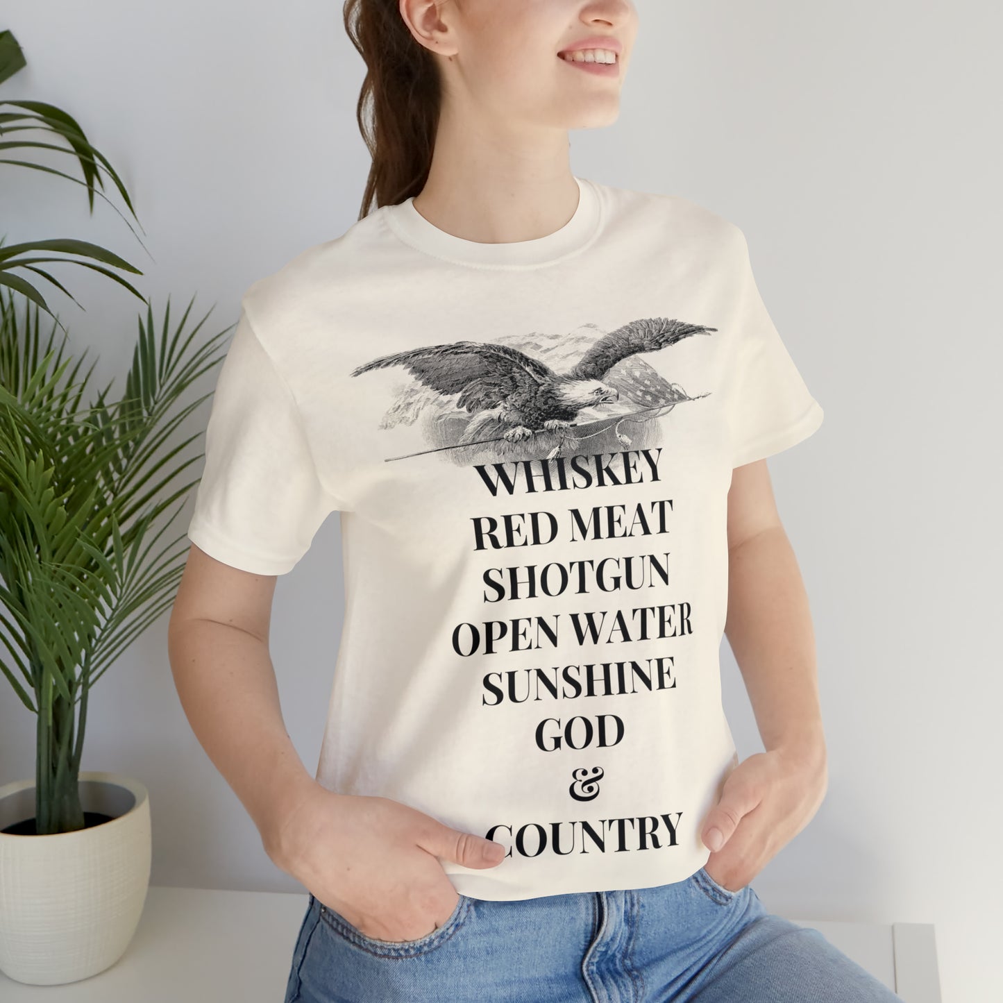 Whiskey, Red Meat, Shotgun, Open Water, Sunshine, God & Country Unisex Jersey Short Sleeve Tee