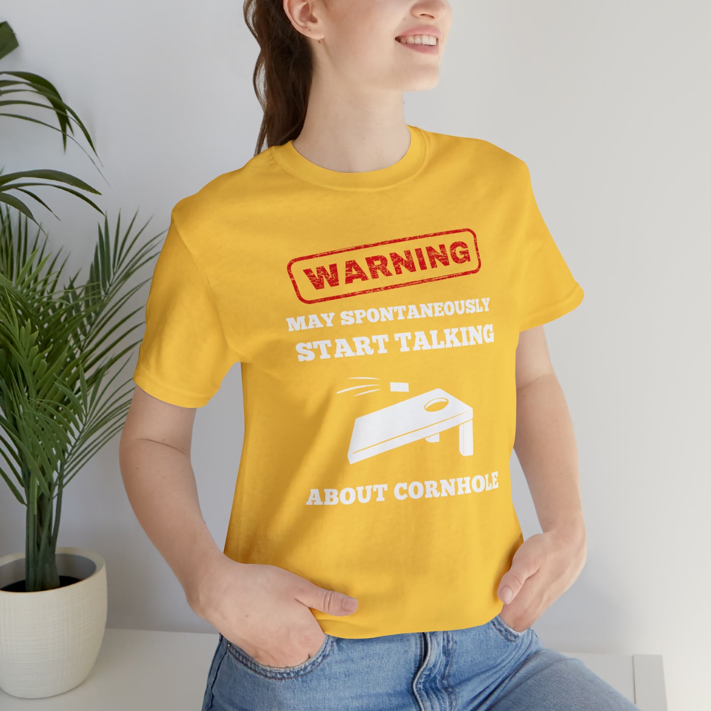 Warning! May Spontaneously Start Talking About Cornhole Unisex Jersey Short Sleeve Tee